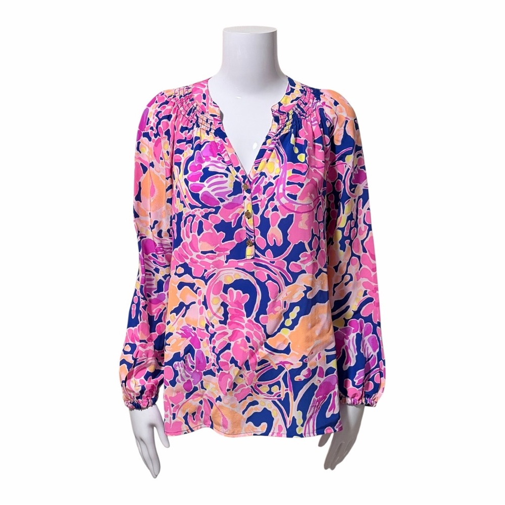 Lilly Pulitzer Elsa Silk Blouse Catch and Release Size Small Cape COD - Picture 2 of 9